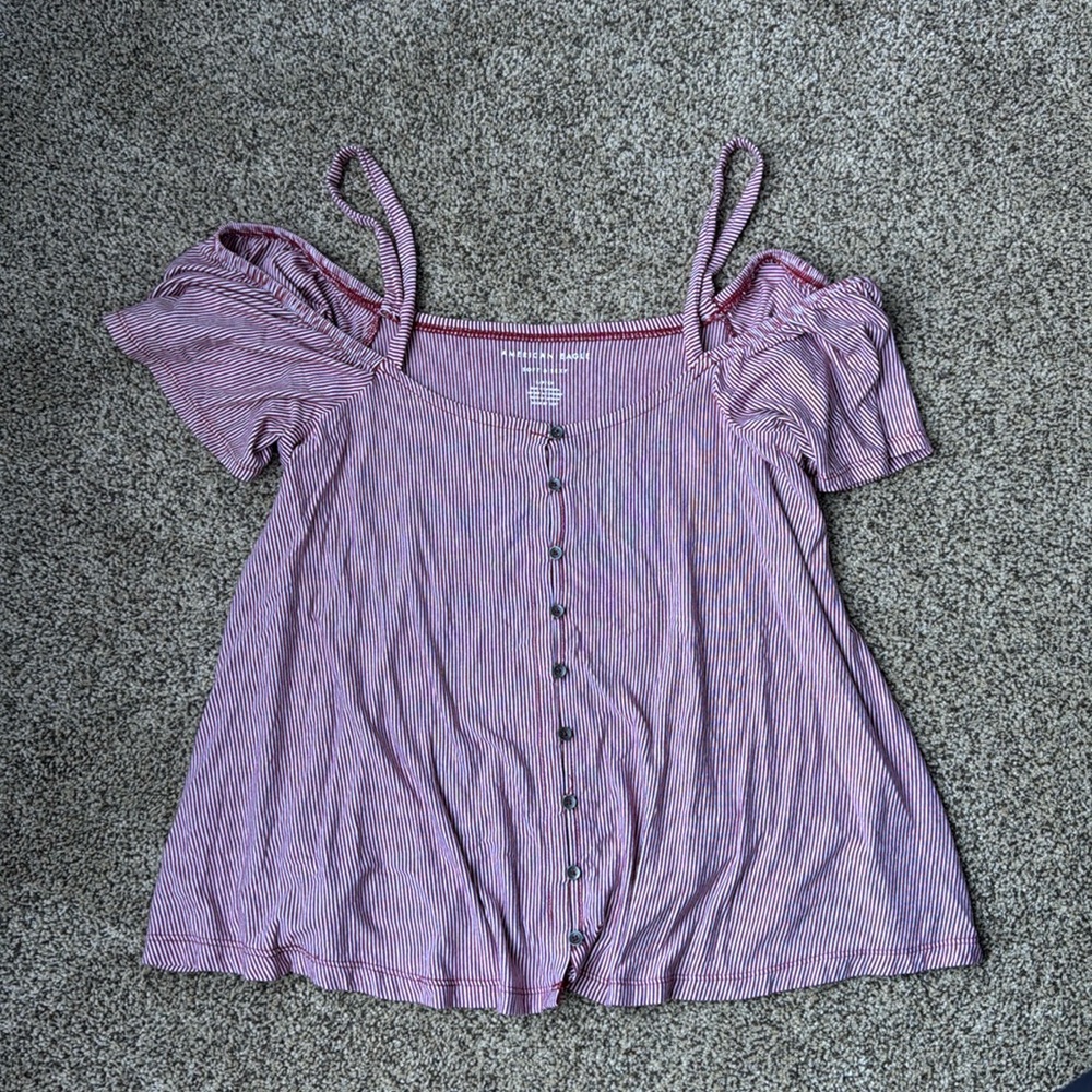 Red / White Striped American Eagle Off the Shoulder Button Up Top S